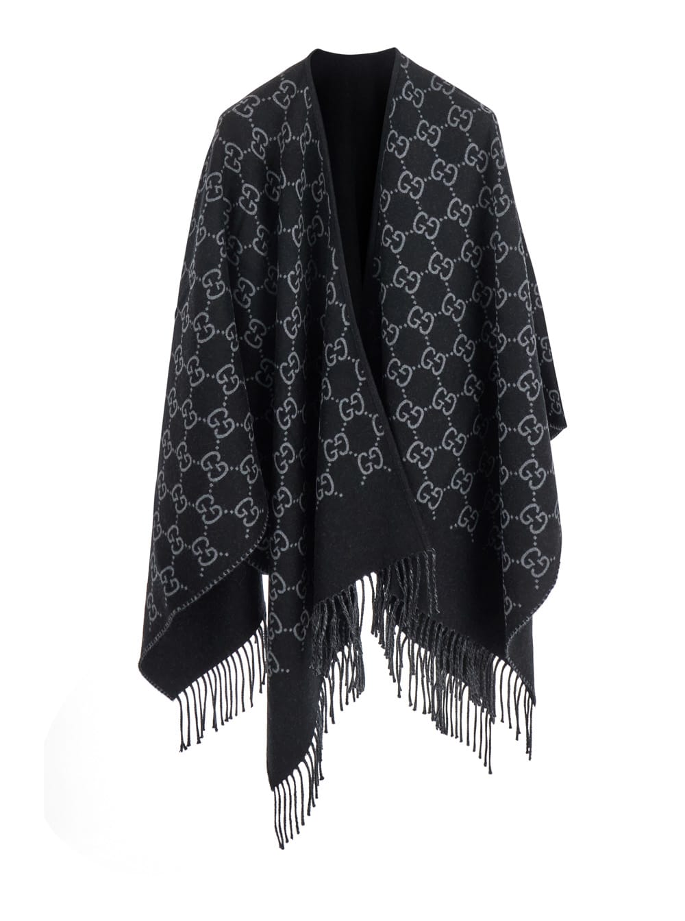Gucci Black Cape With Fringed Hem In Gg Wool Jacquard Woman In Black