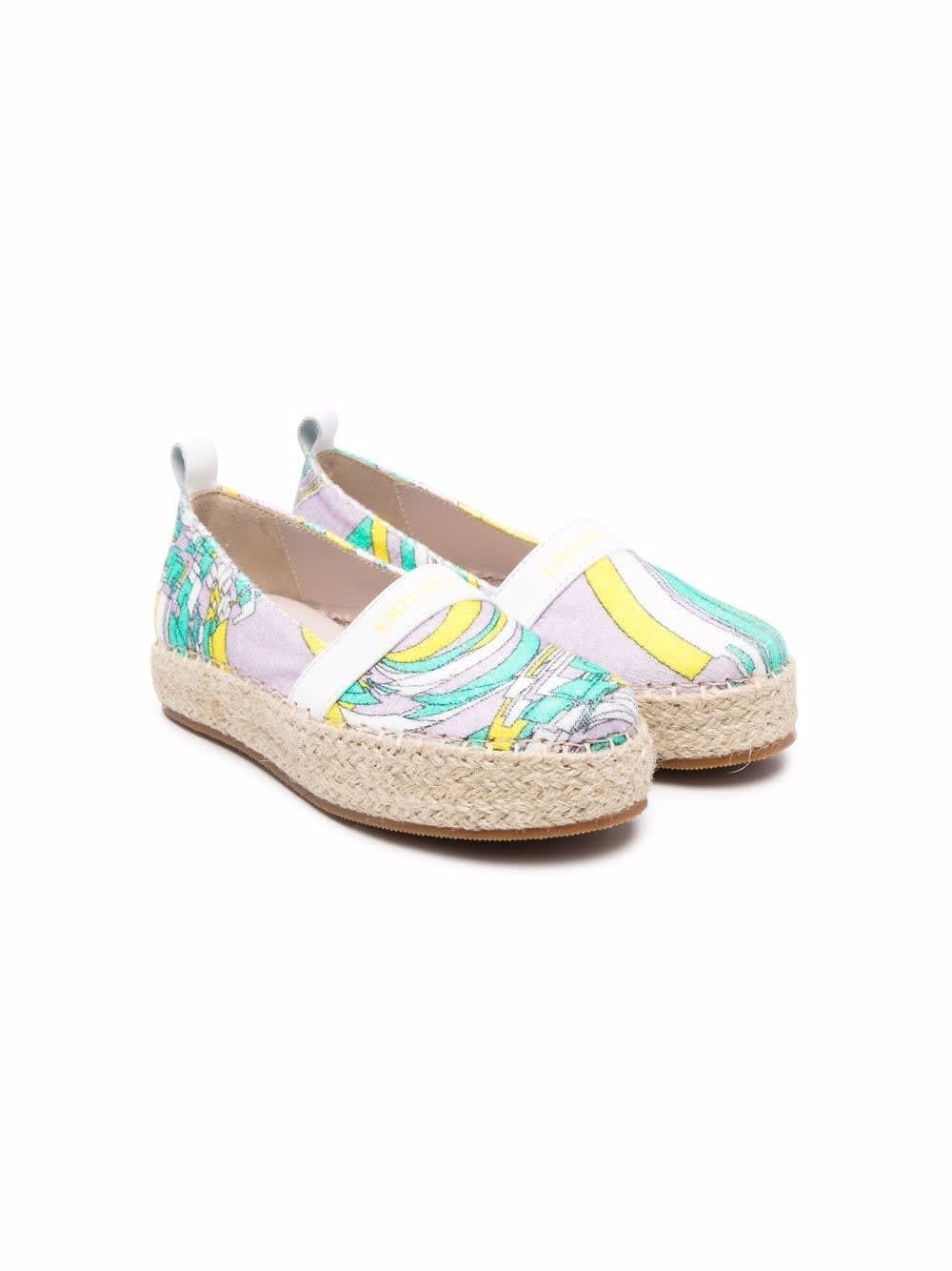 Emilio Pucci Kids Lilac Espadrilles With Yellow And Green Water Print With Logo