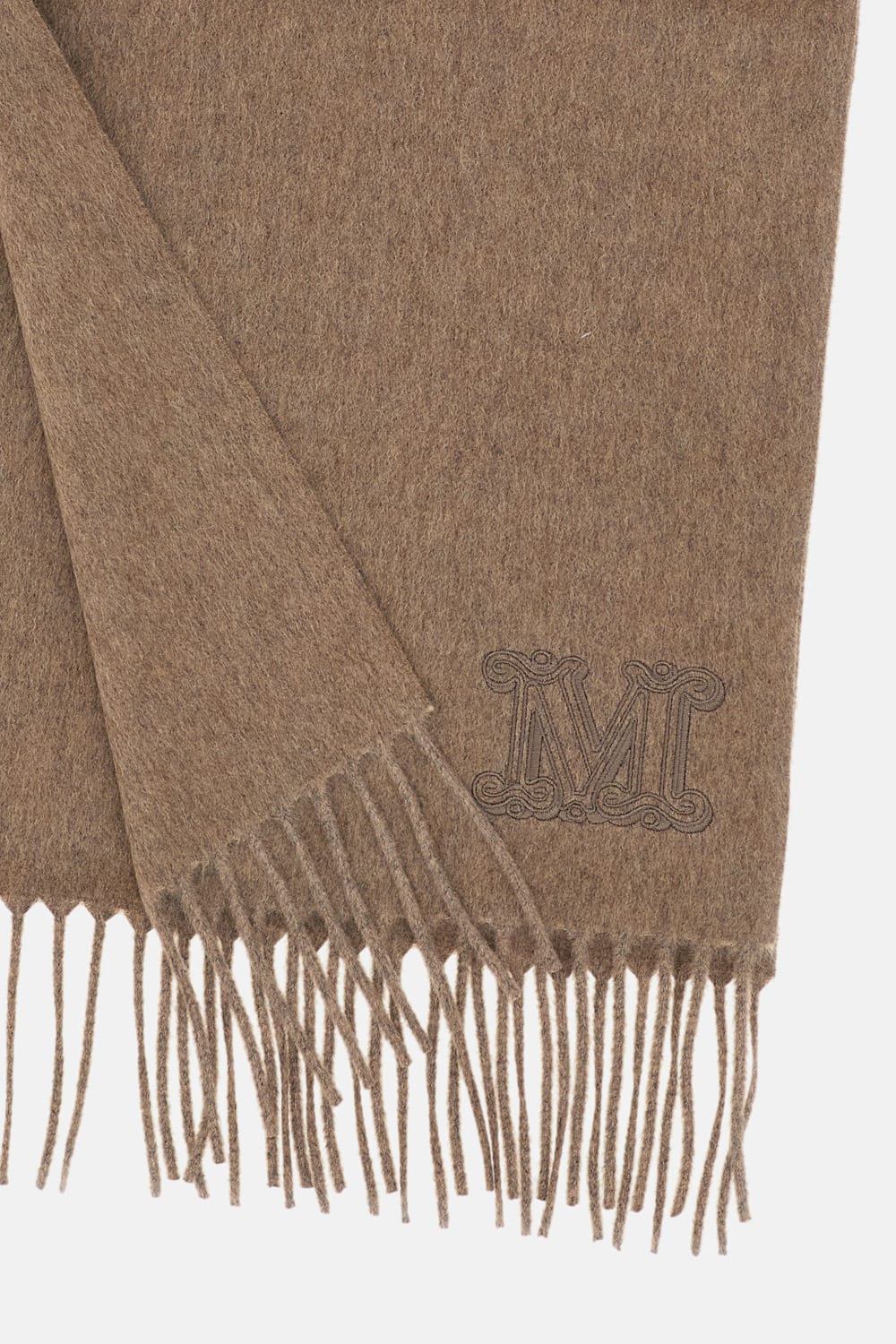 Max Mara Cashmere Scarf With Fringed Edges And Embroidered Logo In Brown