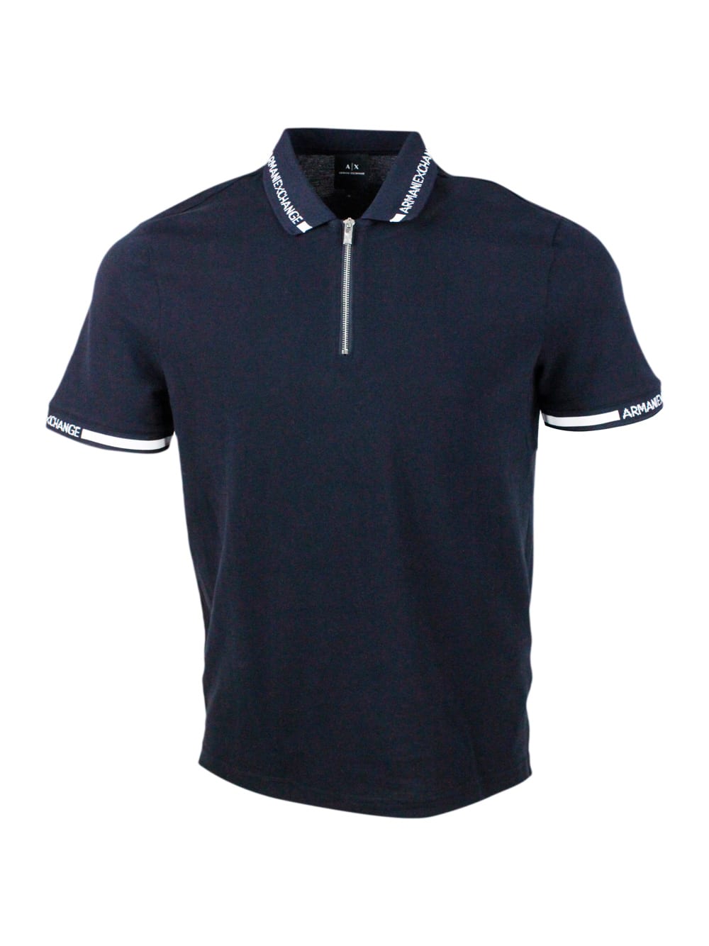 Armani Collezioni Hort-sleeved Pique Cotton Polo Shirt With Zip Closure And Writing On The Collar In Blue