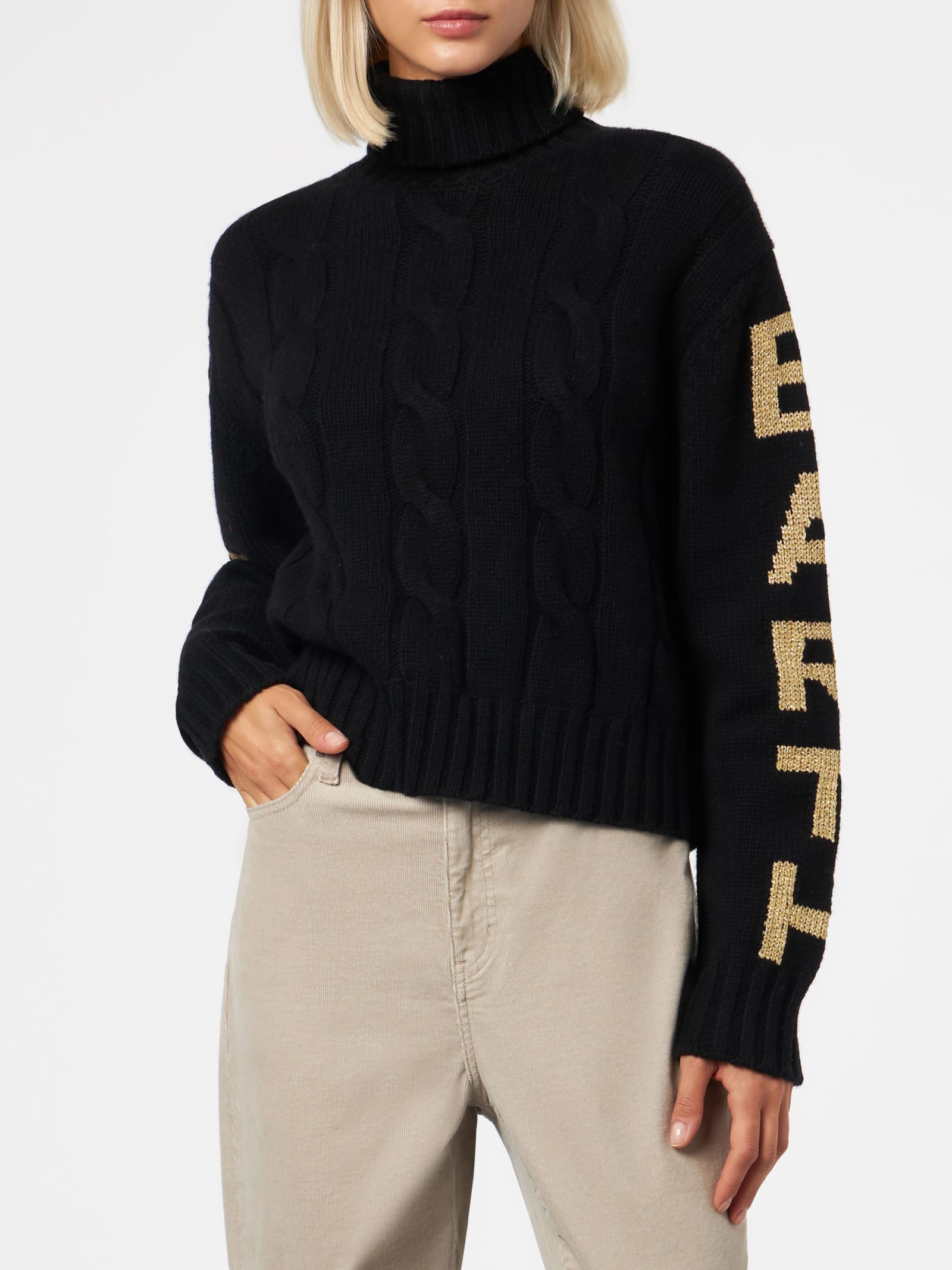 Shop Mc2 Saint Barth Woman Turtleneck Braided Sweater With Saint Barth Jacquard Print In Black