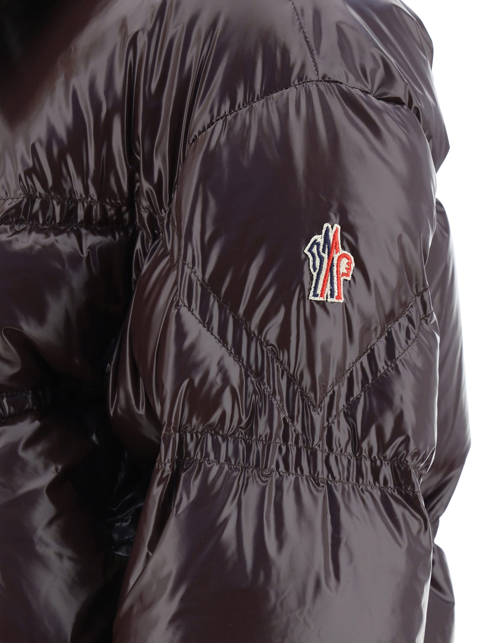 Shop Moncler Cluses High-shine Bomber Jacket In Taupe