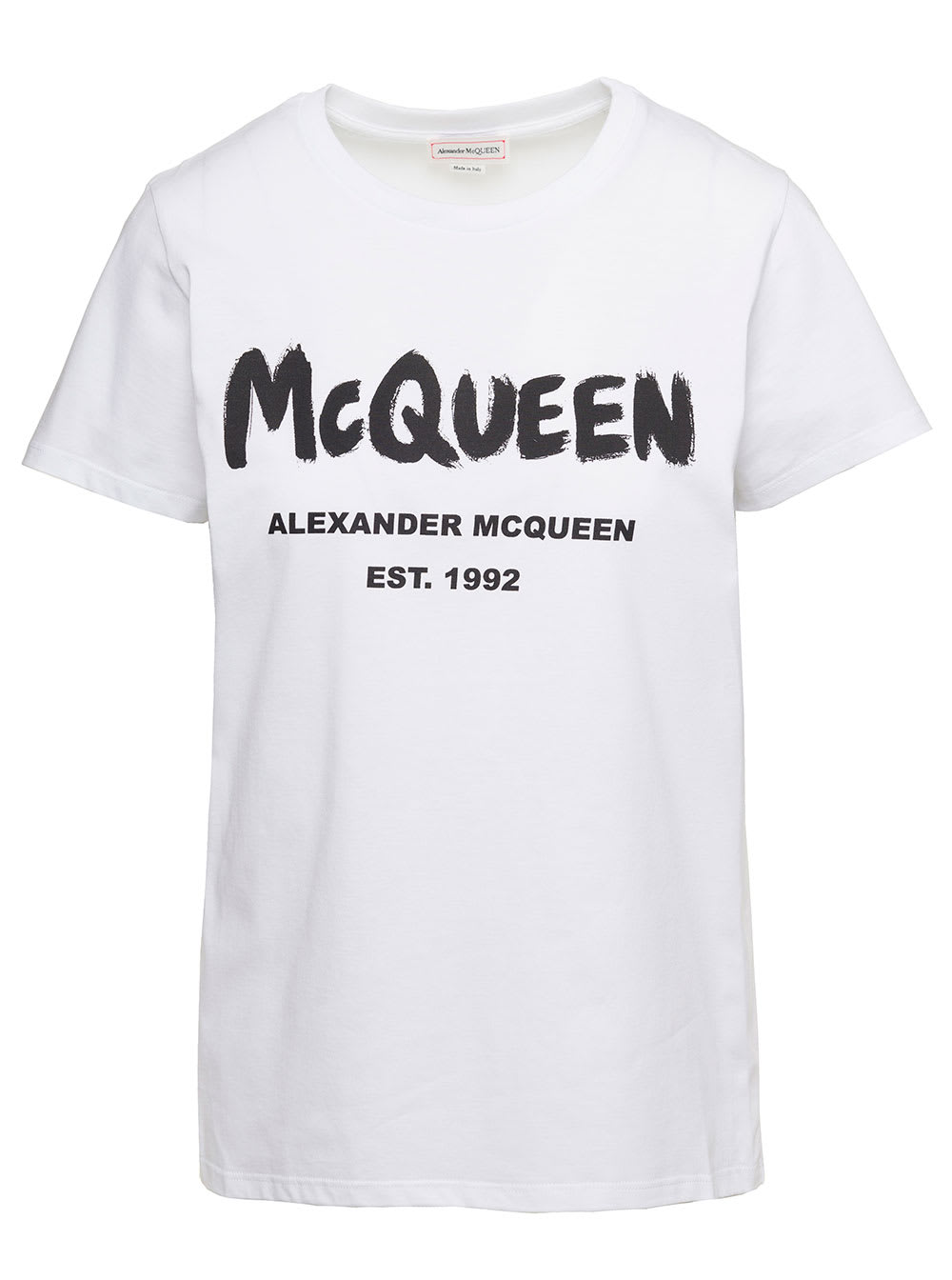 ALEXANDER MCQUEEN GRAFFITI WHITE T-SHIRT WITH CONTRASTING LOGO LETTERING IN COTTON WOMAN ALEXANDER MCQUEEN