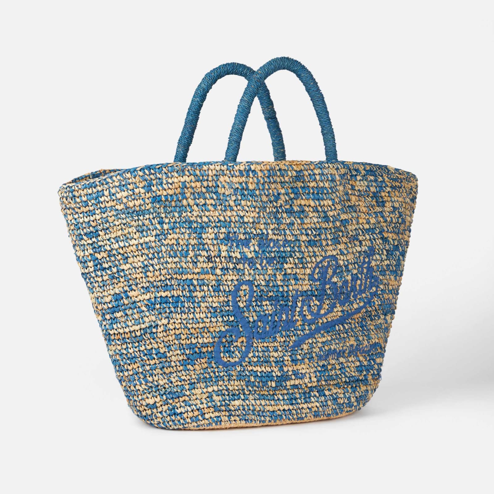 Shop Mc2 Saint Barth Raffia Blue And White Bag With Front Embroidery