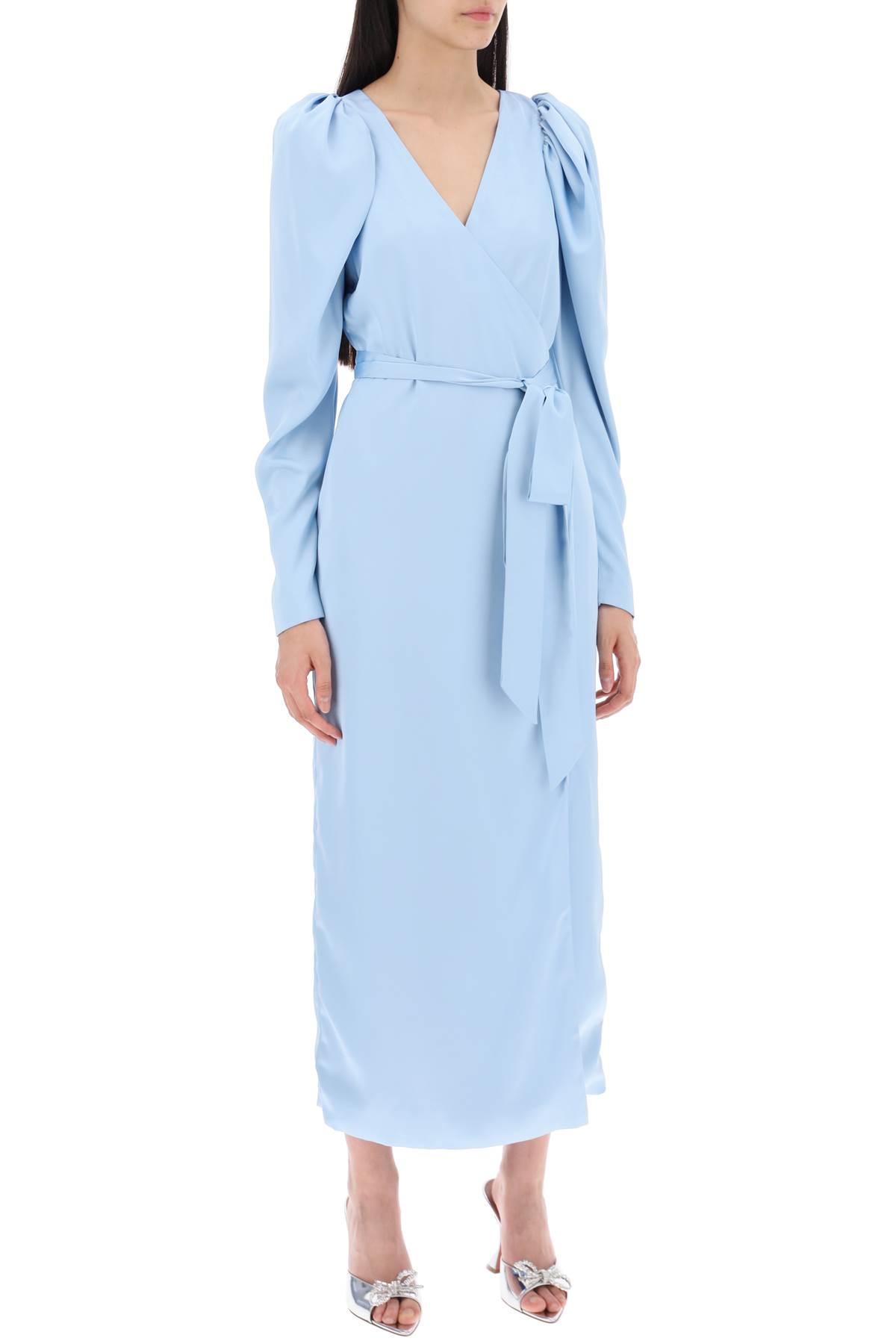 Shop Rotate Birger Christensen Satin Wrap Midi Dress With A Crossover In Placid Blue (light Blue)