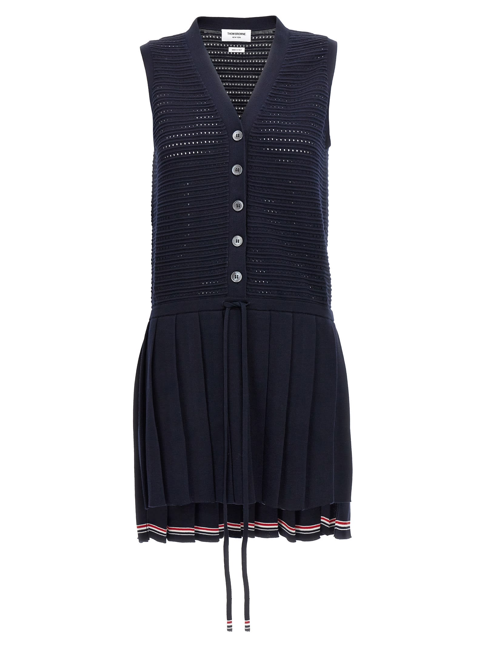 THOM BROWNE OPENWORK DRESS WITH PLEATED SKIRT