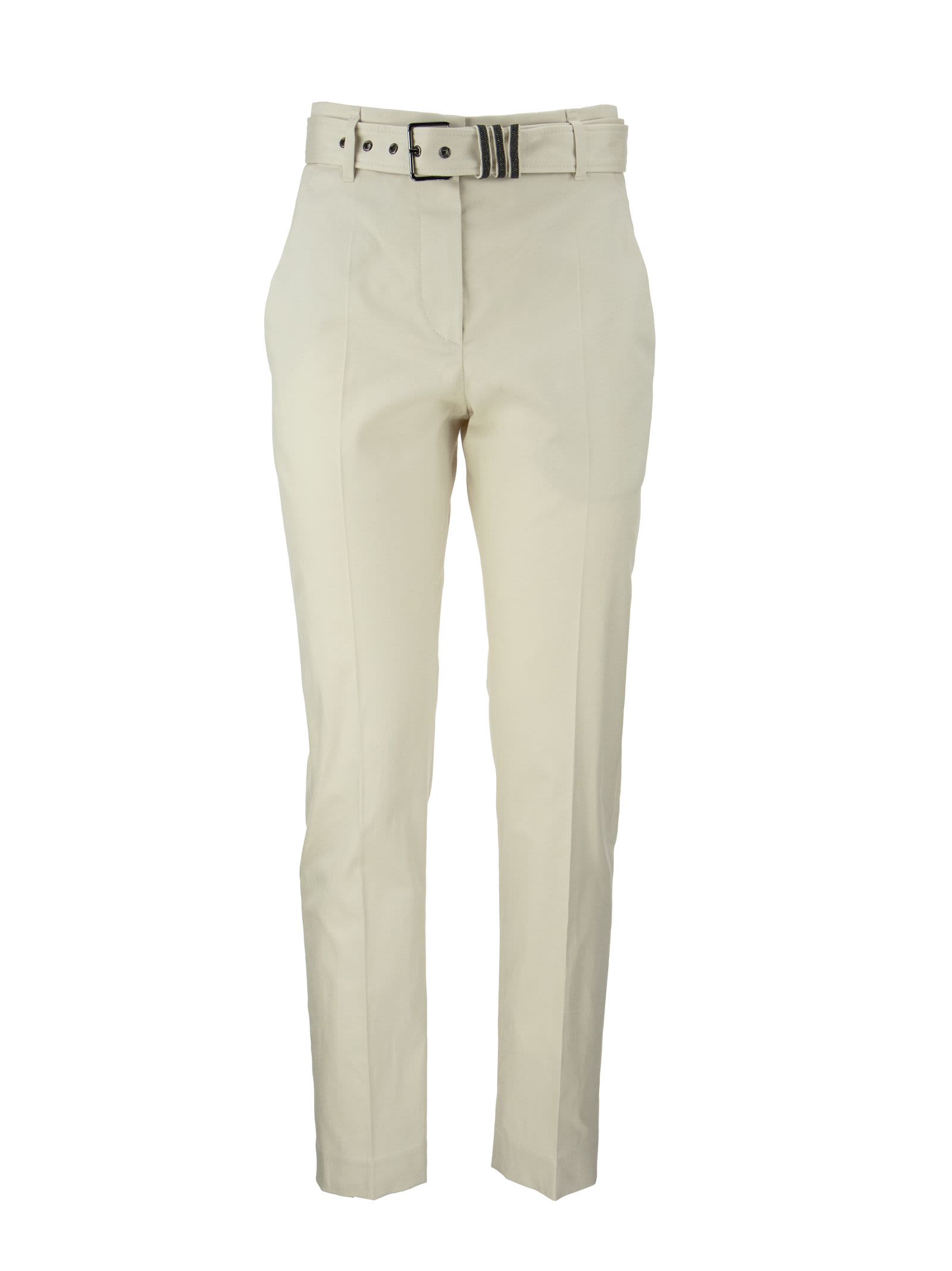Brunello Cucinelli Comfort Cotton Twill Cigarette Trousers With Shiny Loops Belt