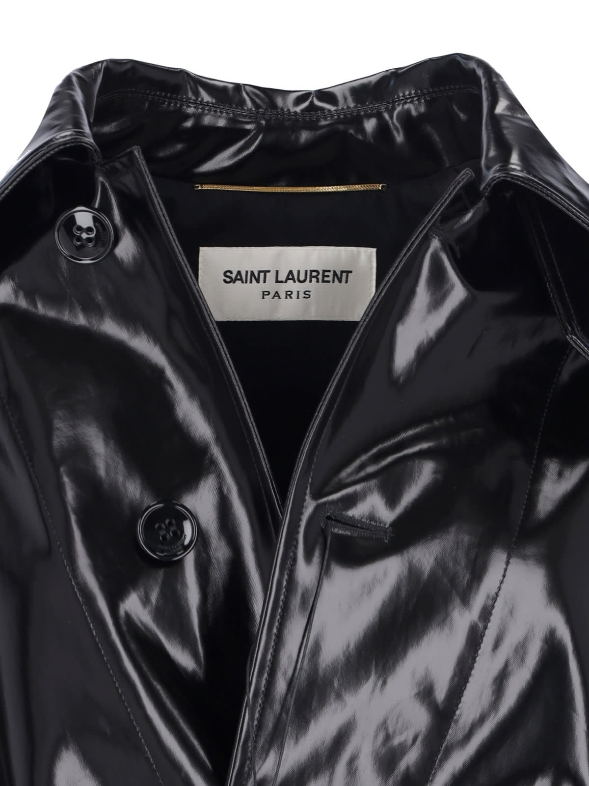 Saint Laurent Patent Double-breasted Coat In Black