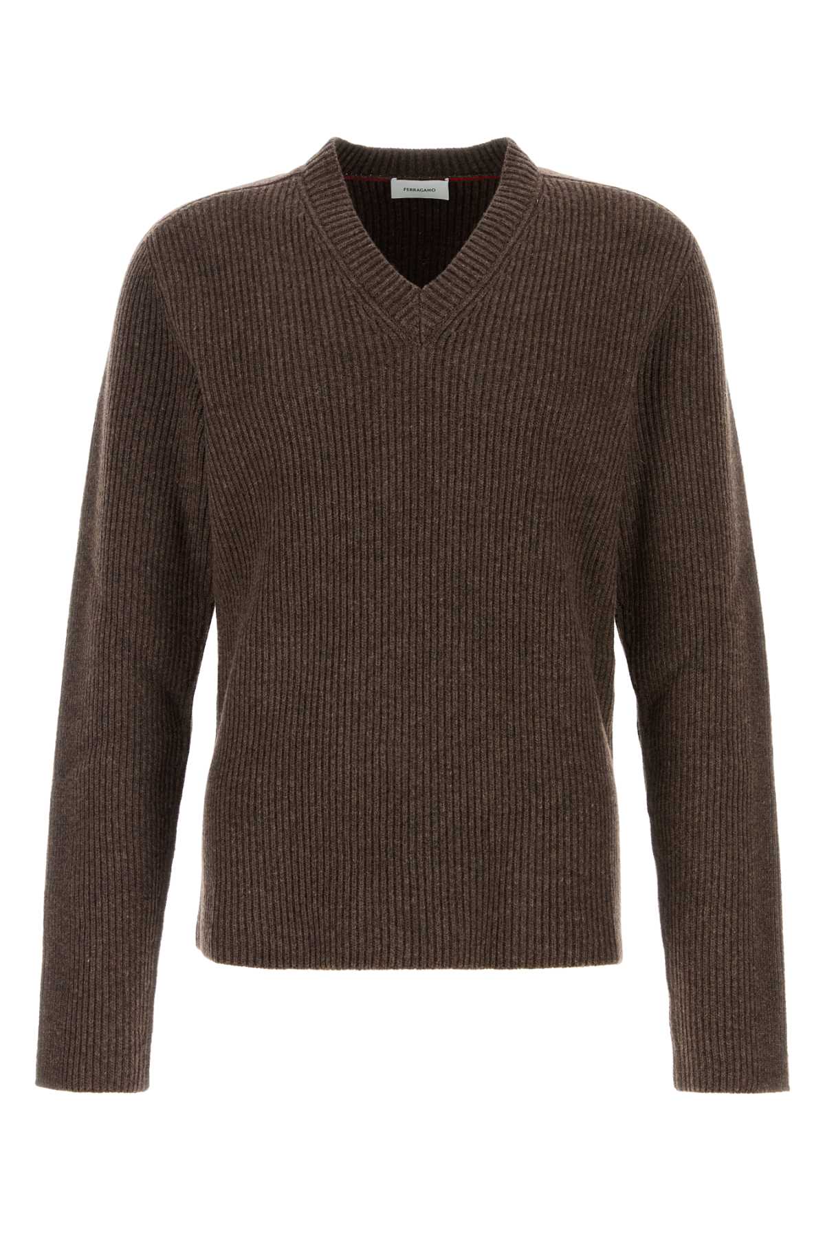 Ferragamo Earthy Ribbed V-neck Wool Sweater In Swedishclaymel