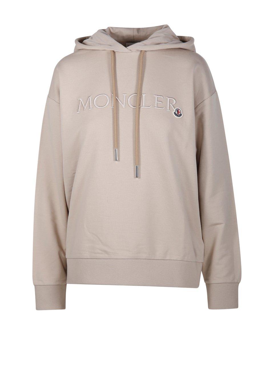 Shop Moncler Logo Patch Drawstring Hoodie In Beige