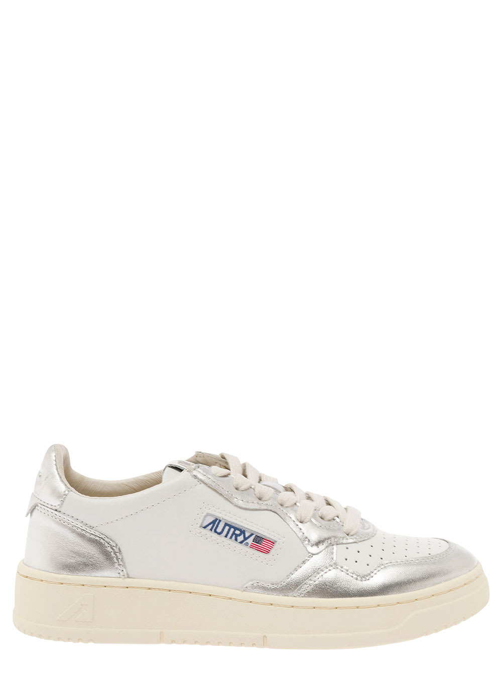 AUTRY MEDALIST WHITE AND SILVER LOW TOP SNEAKERS WITH LOGO PATCH IN LEATHER WOMAN