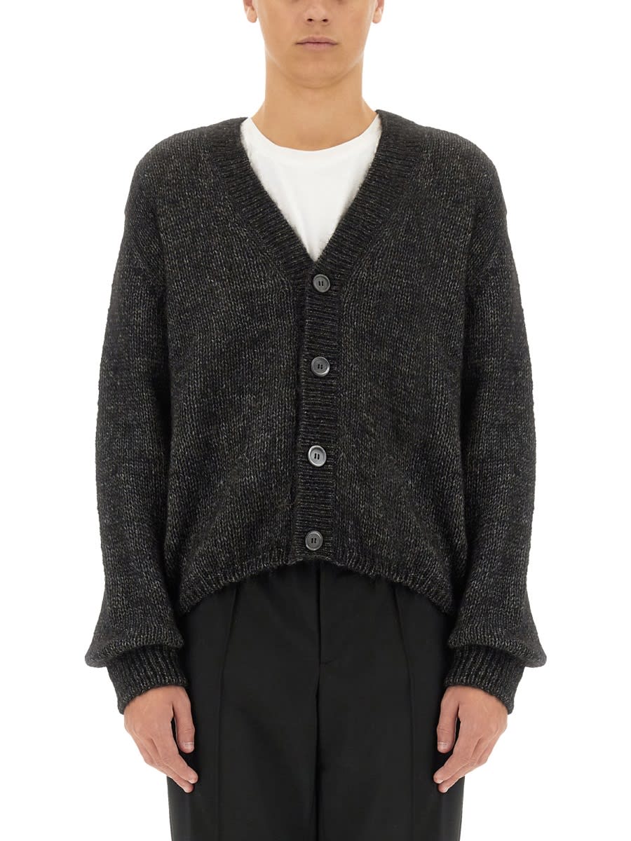 Our Legacy Textured V-neck Cardigan With Button-down Front In Black