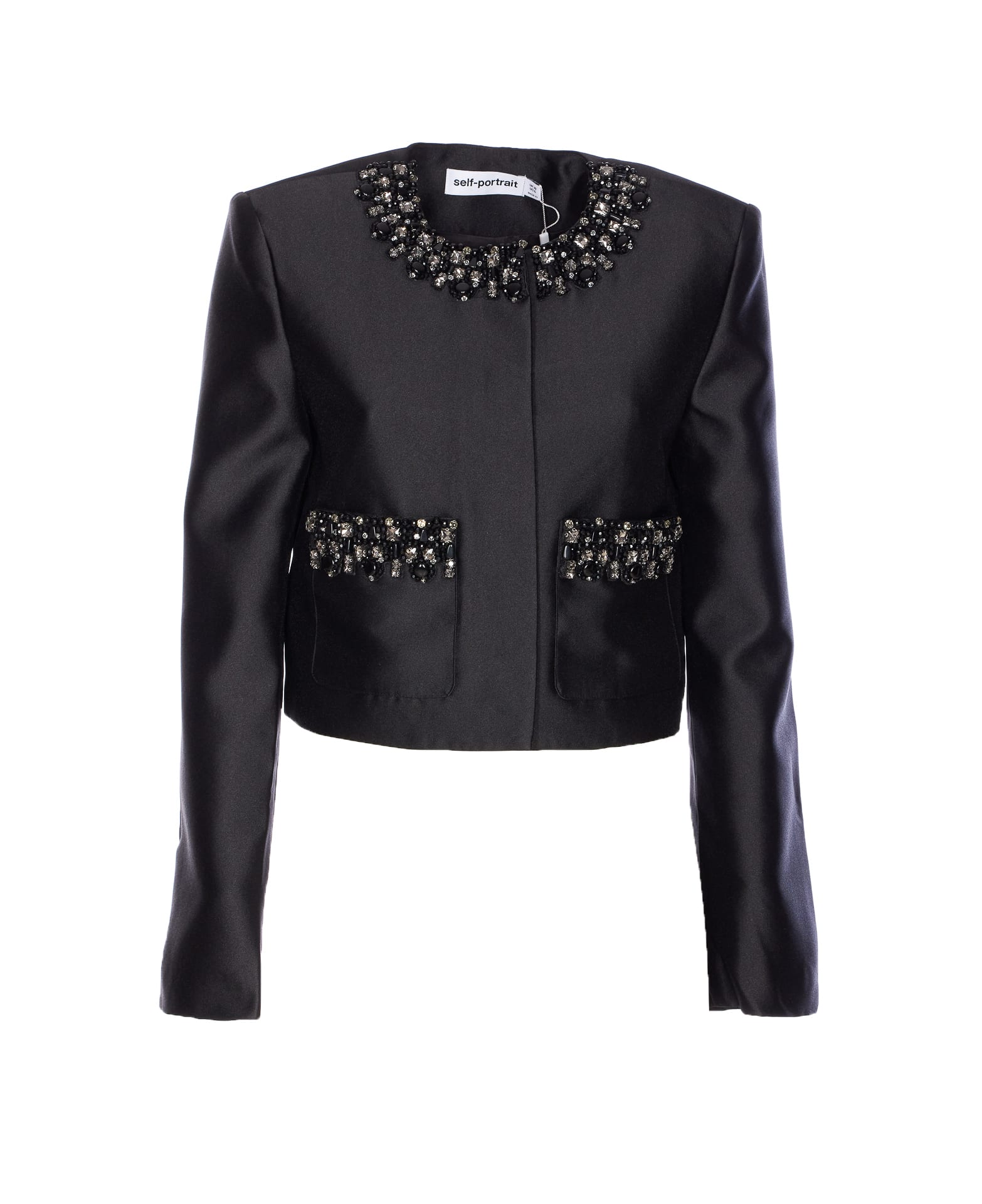Self-portrait Black Taffeta Embellished Trim Jacket Clothing In Black