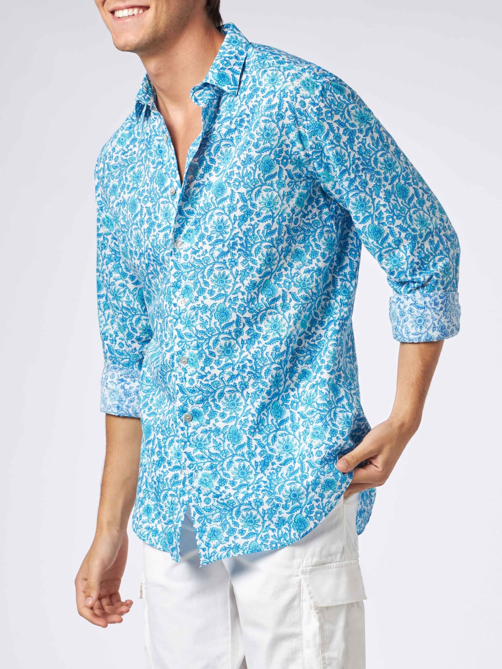 Mc2 Saint Barth Man Muslin Cotton Sikelia Shirt Flower Print In White