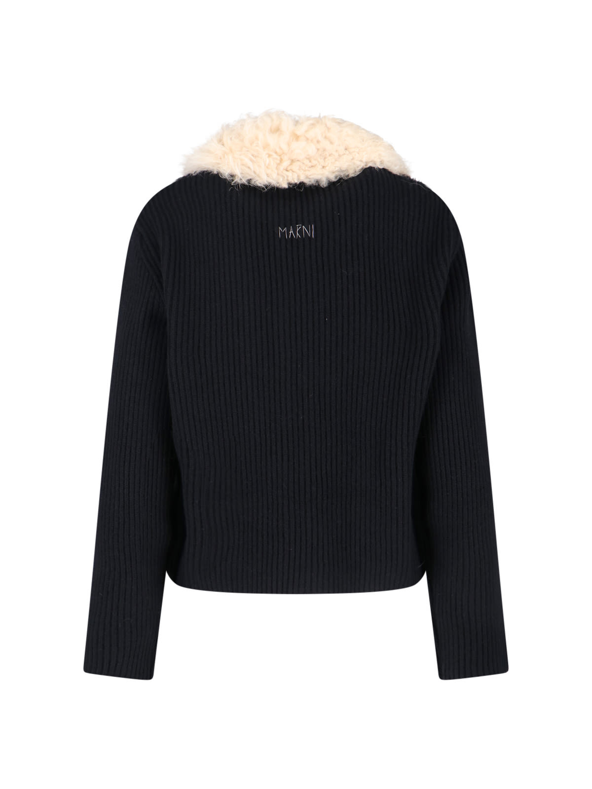 Marni Knitted Jacket With Faux Fur Collar In Black