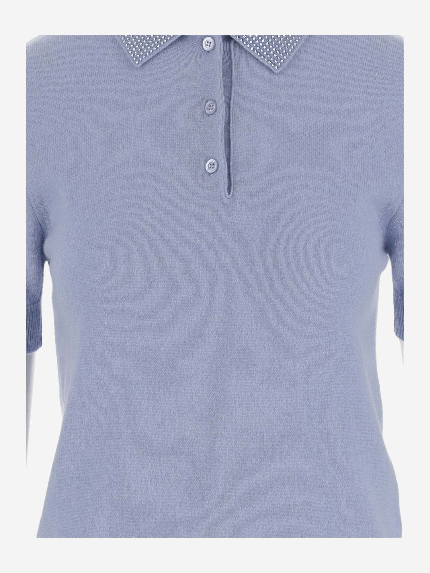 Shop Blumarine Cashmere And Wool Polo Shirt With Rhinestones In Clear Blue