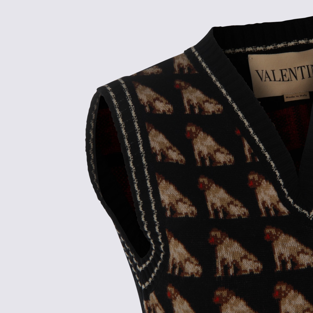 Valentino Sleeveless V Neck Dog Pattern Knitwear In Black