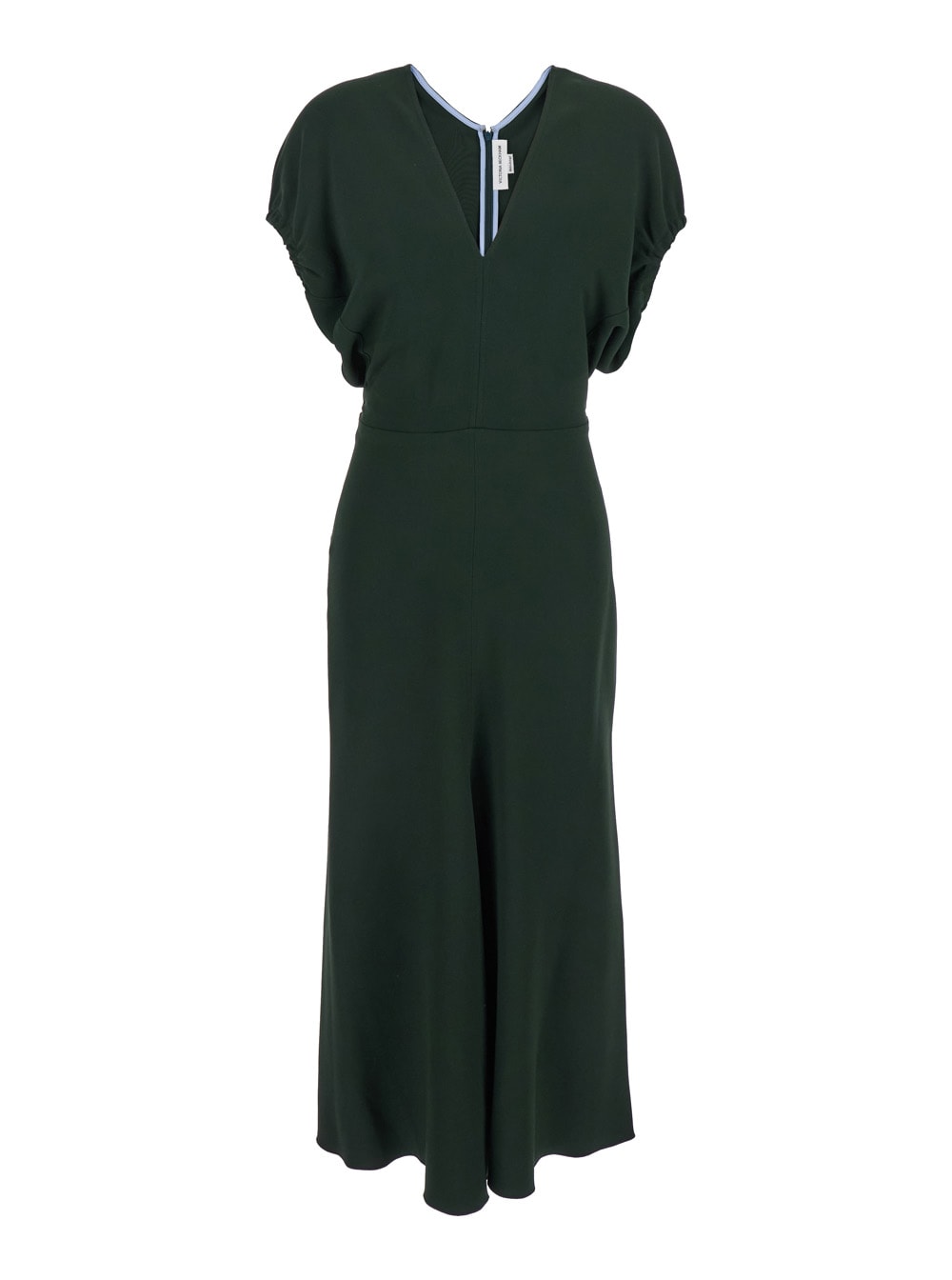 Green Midi Dress With Ruched Sleeves And V Neck In Viscose Blend Stretch Woman