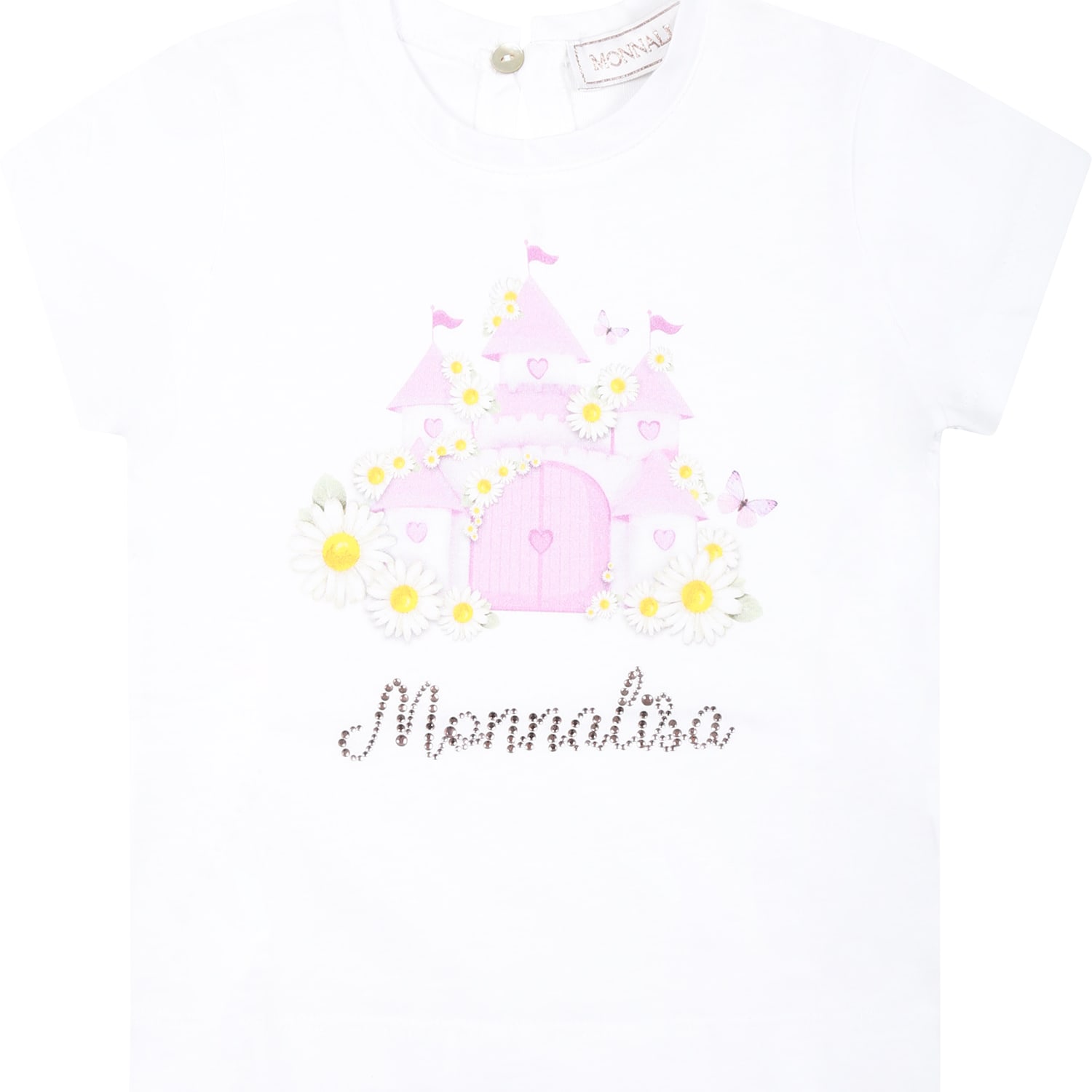 Monnalisa Babies' White T-shirt For Girl With Castle Print And Logo