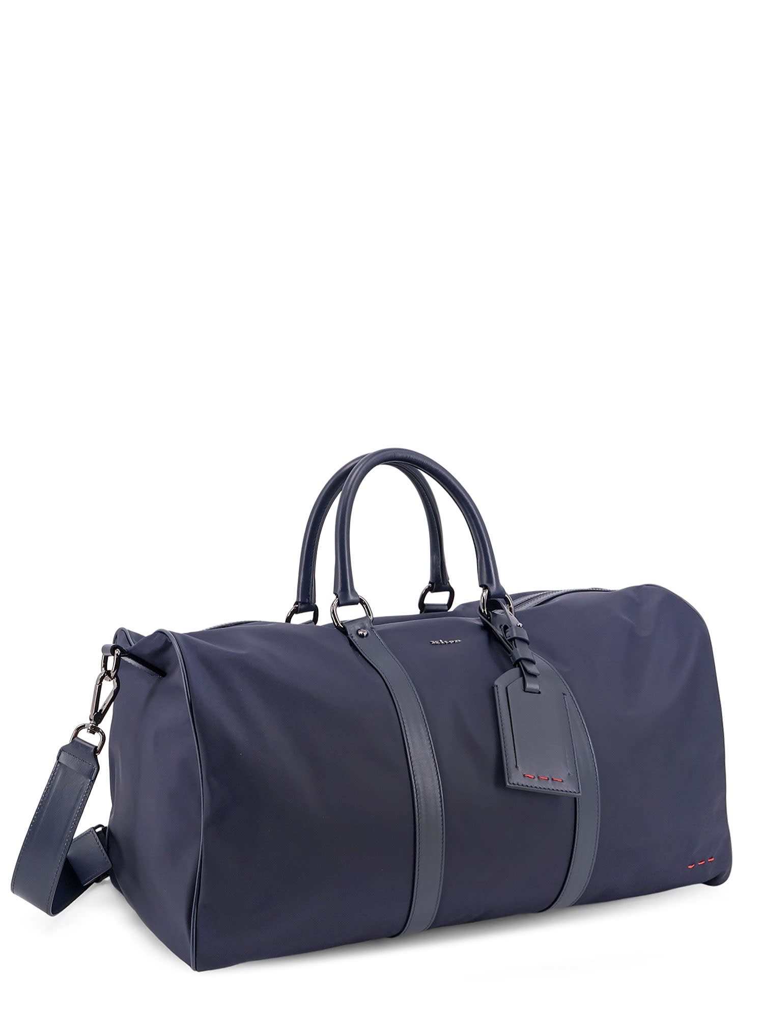 Kiton Nylon Duffel Bag With Leather Inserts In Blue