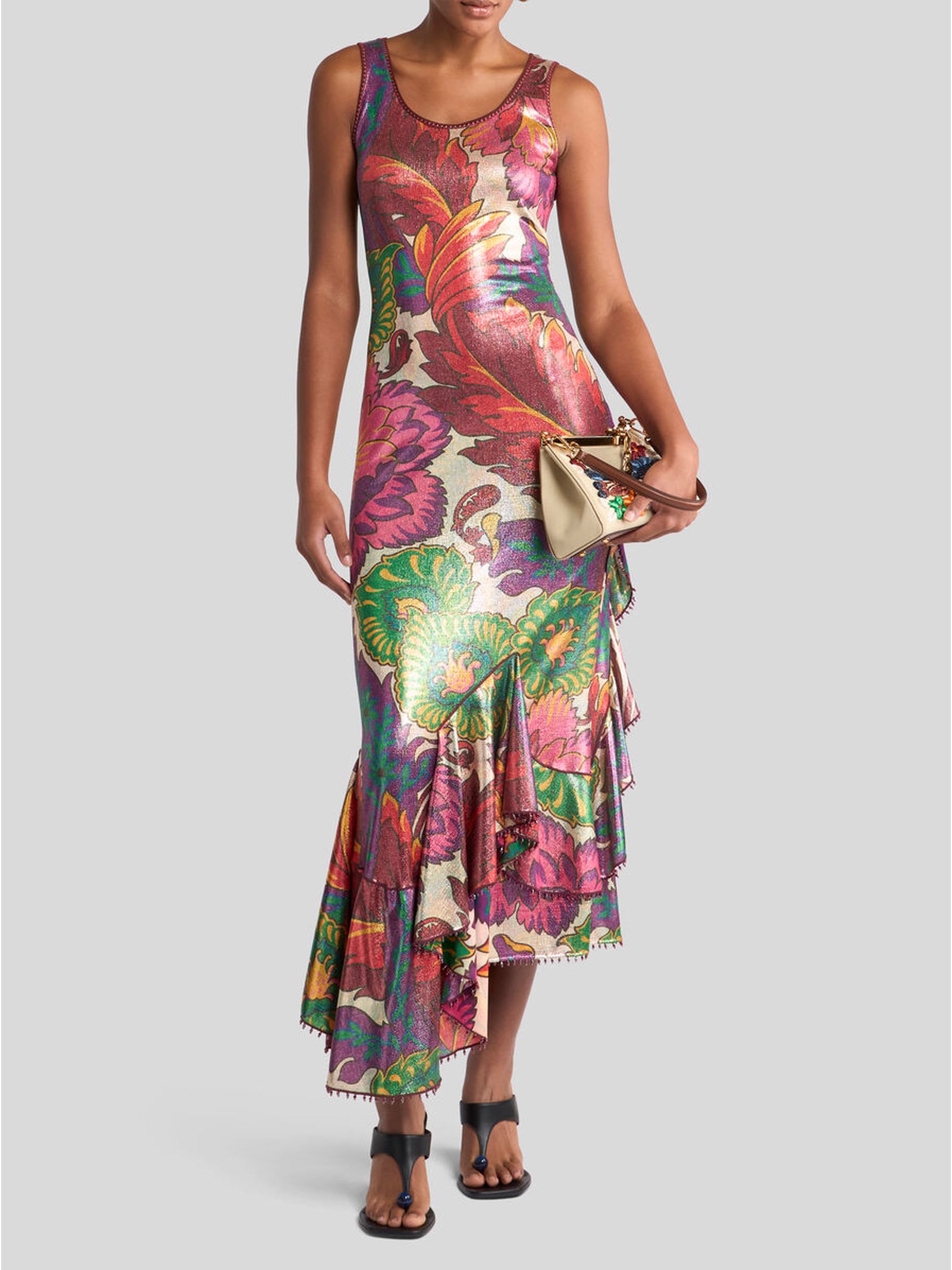 Etro Laminated Jersey Dress With Maxi Floral Print