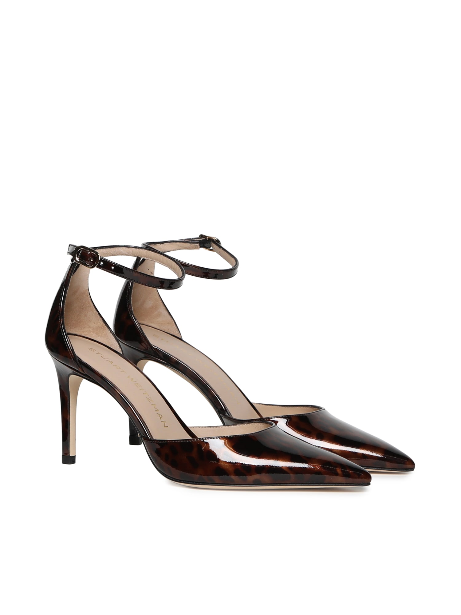 Stuart Weitzman Stuart Power Strap 85 Leopard-print Patent Leather Pumps In Brown