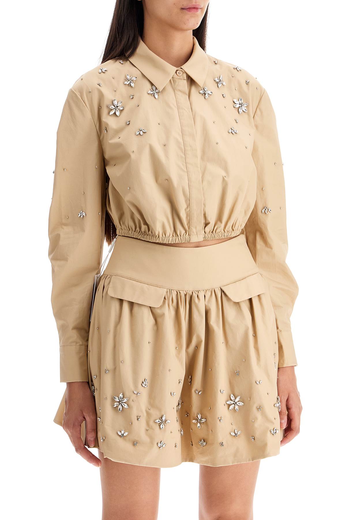 Shop Self-portrait Cropped Shirt With Crystals In Beige (beige)