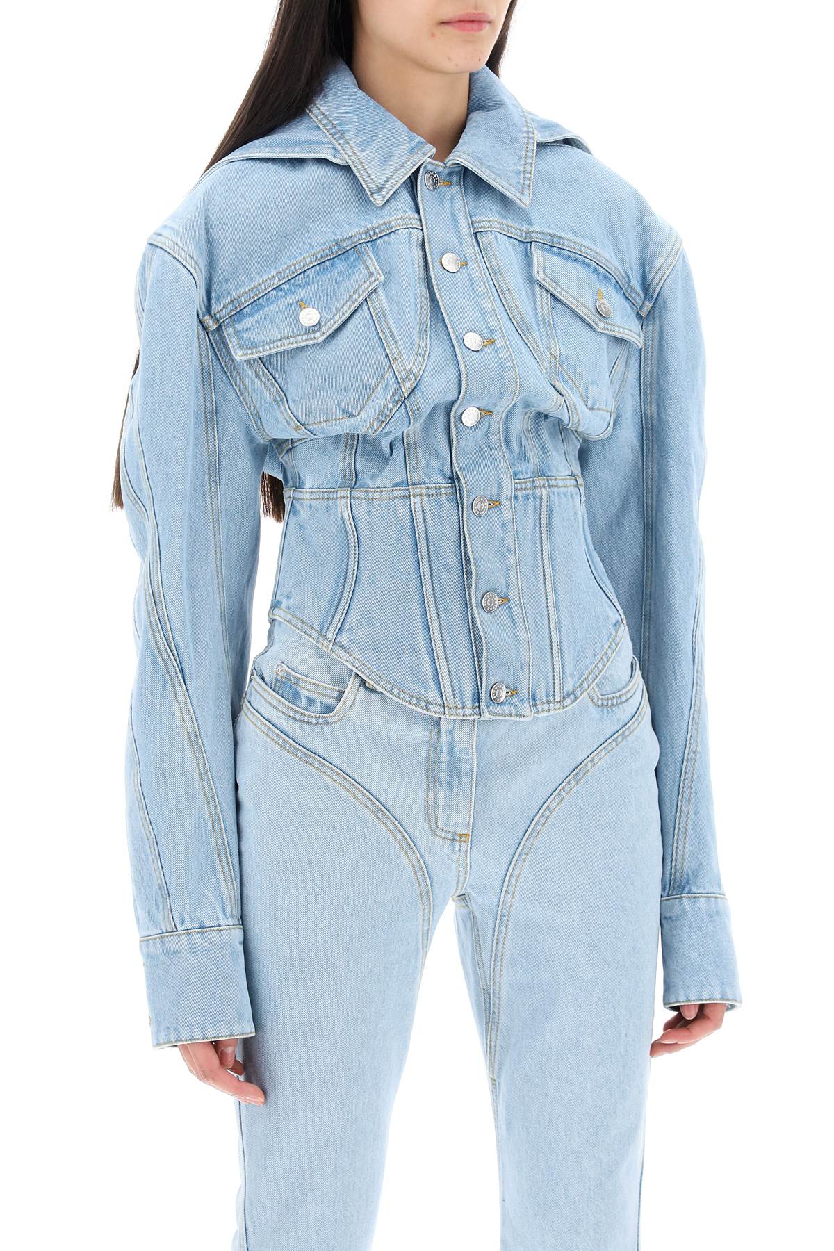 Shop Mugler Denim Jacket With Corset Detail In Light Blue (blue)