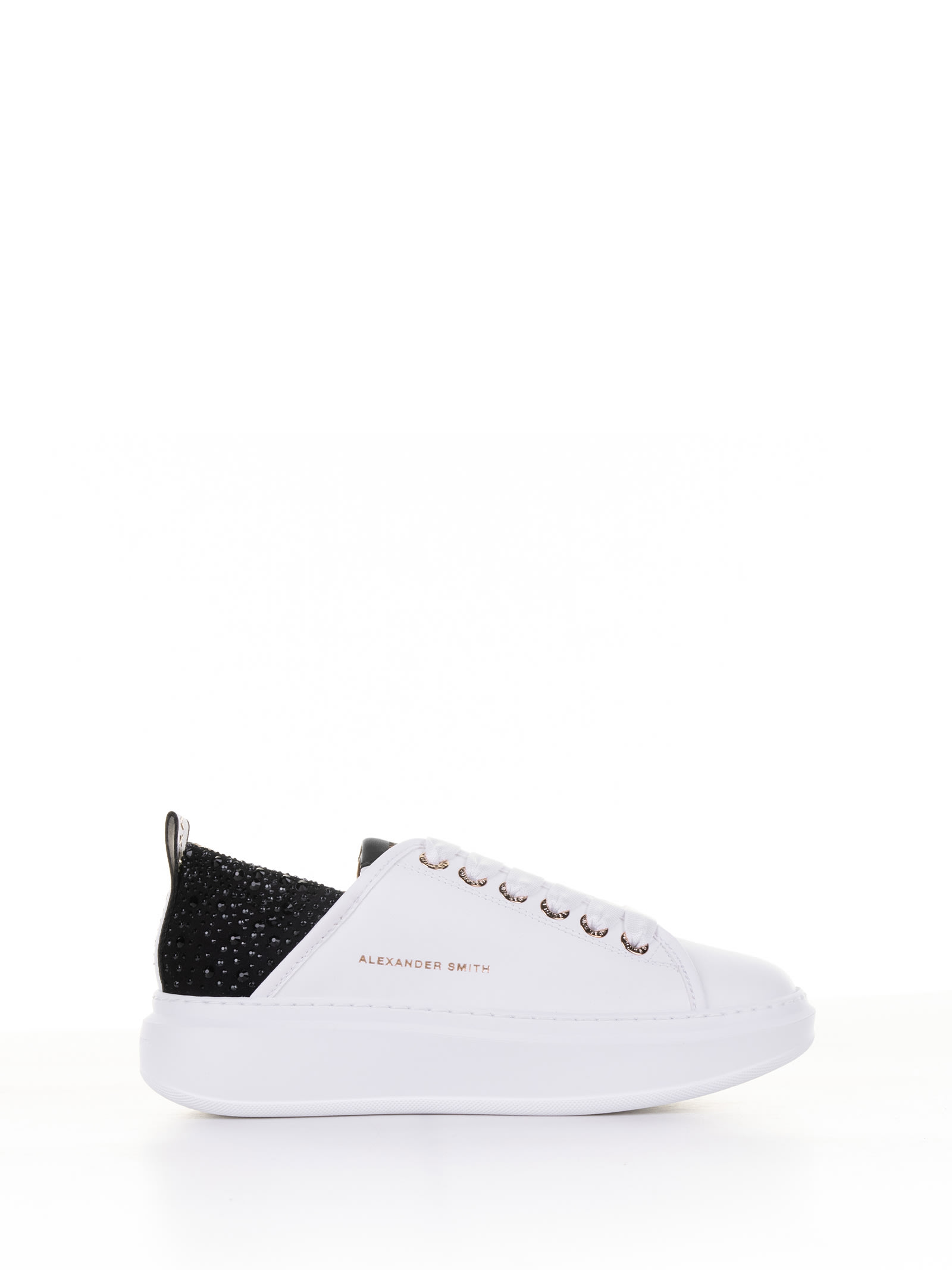 Alexander Smith Wembley Trainer In Leather And Rhinestones In White Black