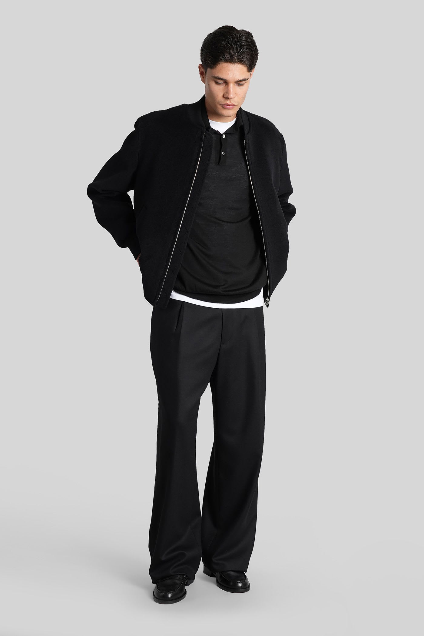 Lardini Bomber Jacket In Black Wool In Multi