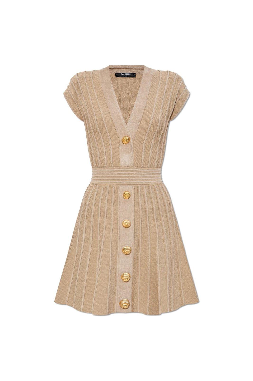 Shop Balmain V-neck Flared Mini Dress In Beige