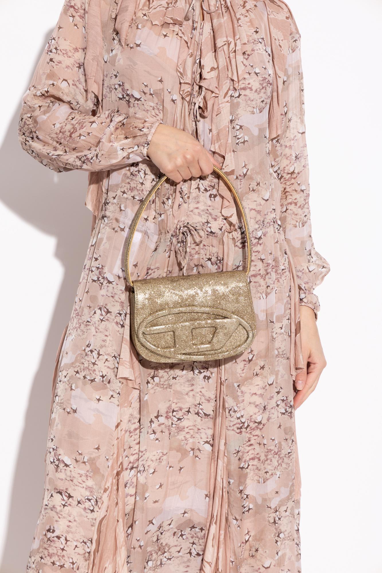 Diesel Oval-d Logo Glittered Denim Shoulder Bag In Gold