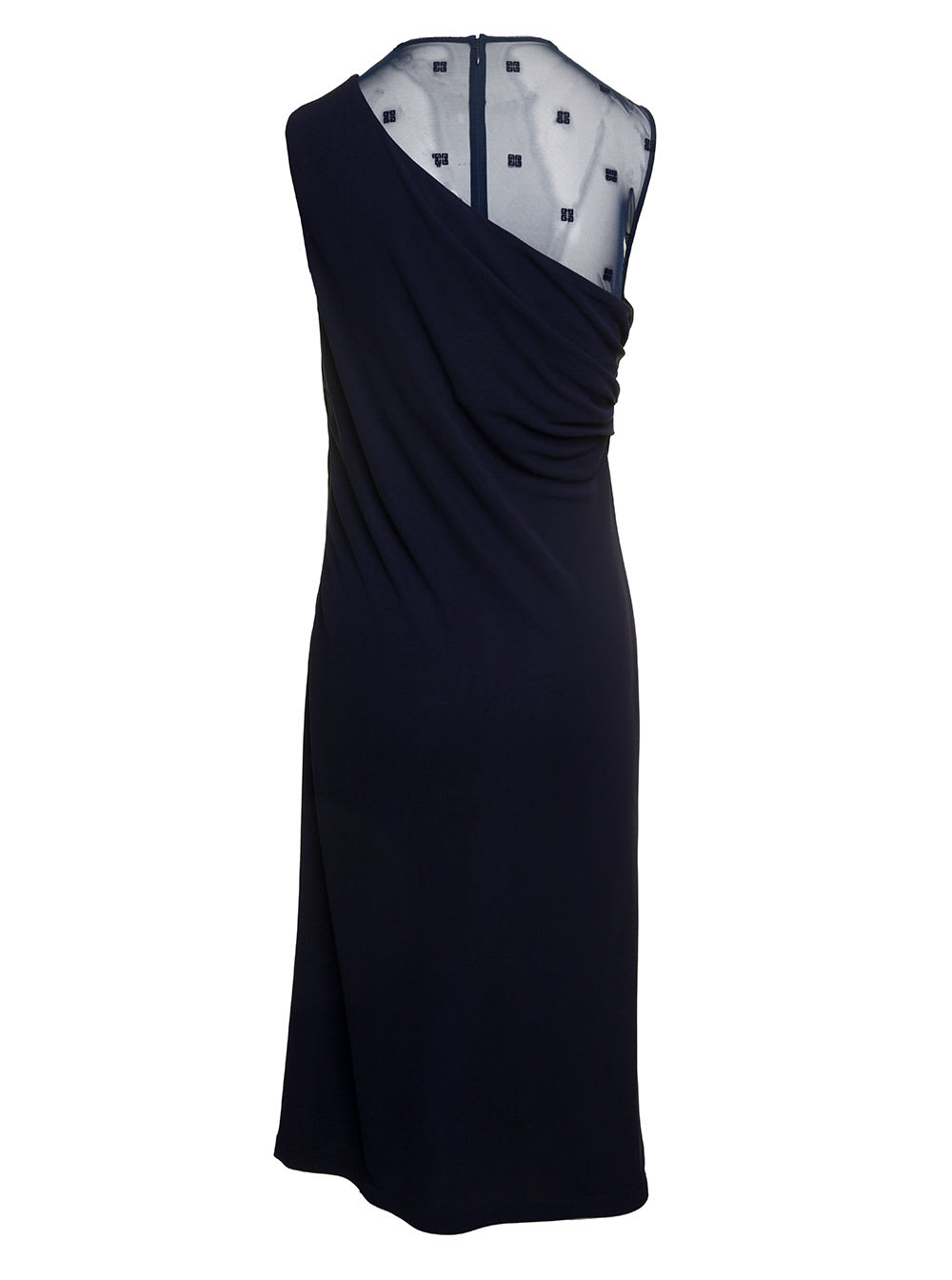 Shop Givenchy Midi Blue Sleeveless Draped Dress With 4g Plumentis Trasparent Tulle In Viscose Woman