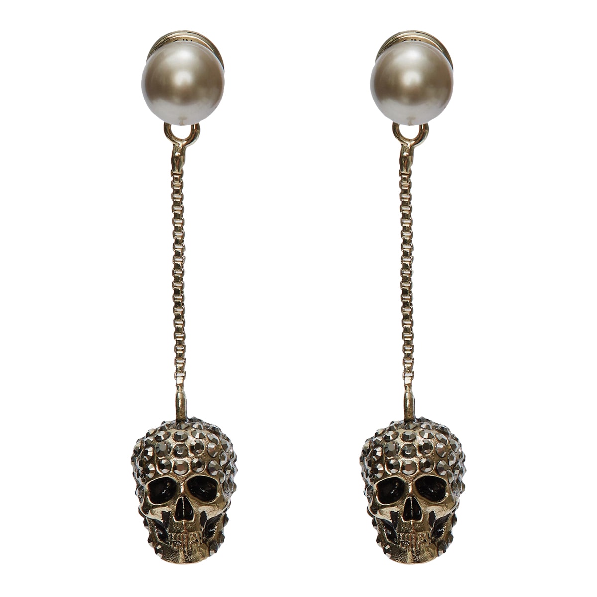 Shop Alexander Mcqueen Skull Earrings With Pave And Chain In Silver