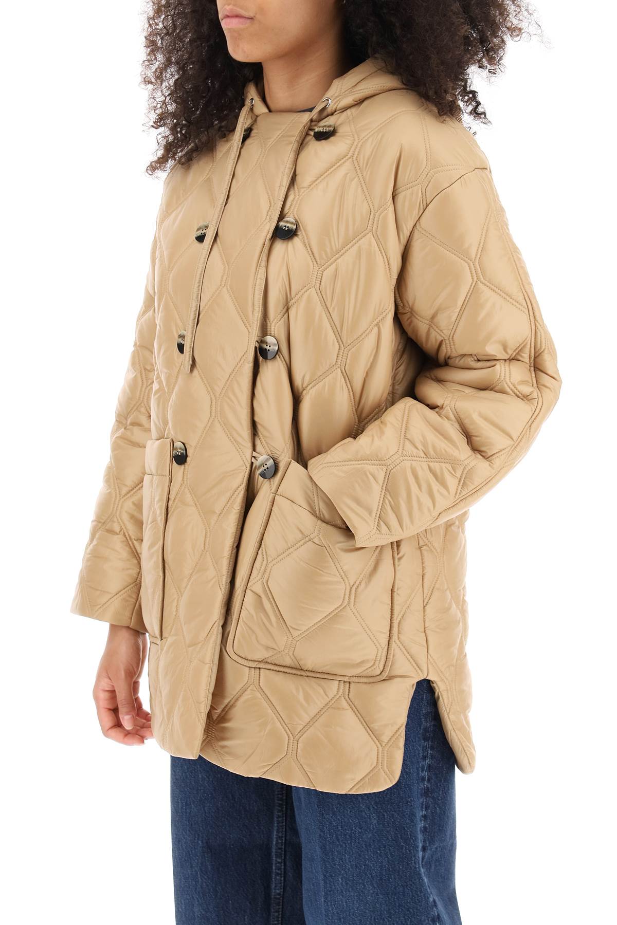 Shop Ganni Hooded Quilted Jacket In Tanin (beige)