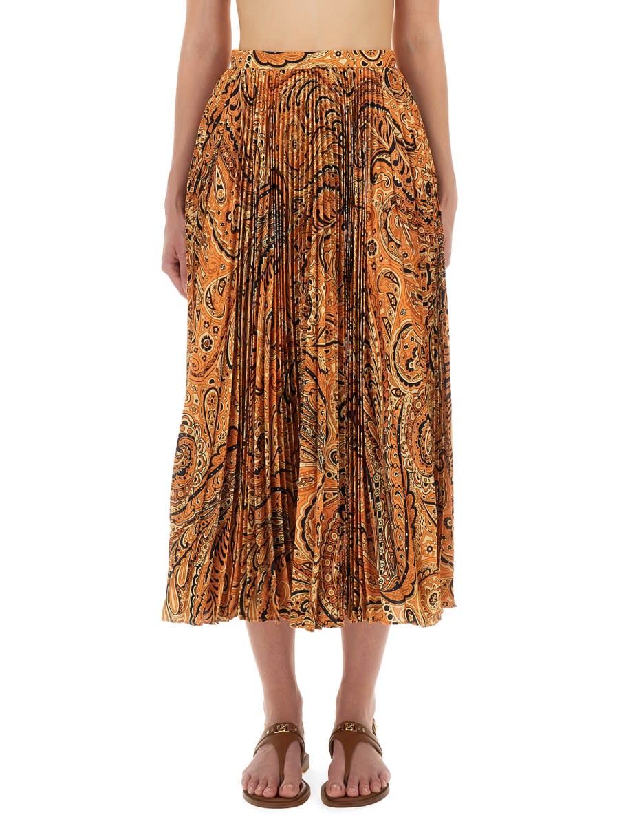 Etro Midi Paisley-print Pleated Skirt In Orange