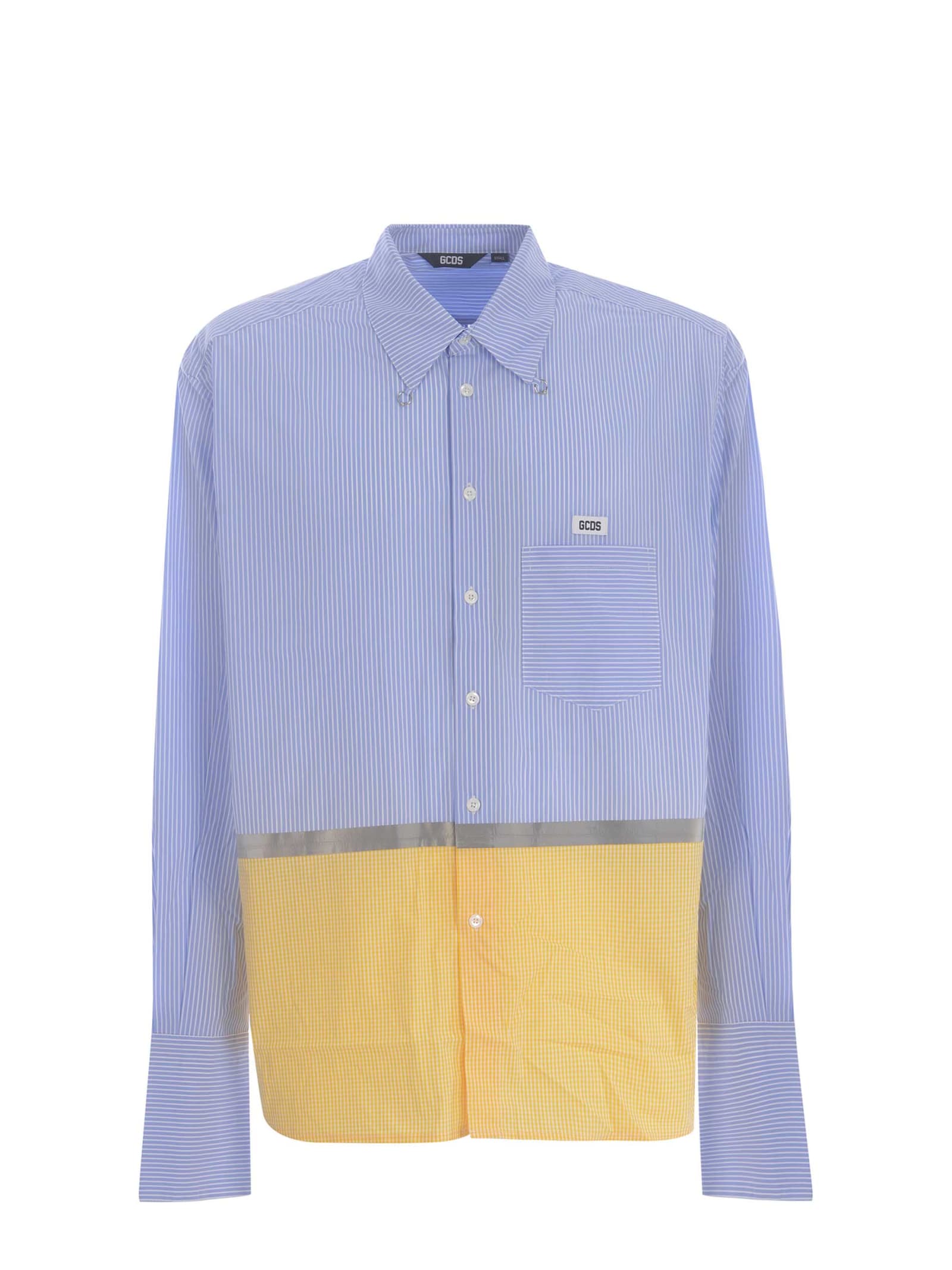 Shop Gcds Shirt  Sriped Tape Made Of Cotton In Light Blue