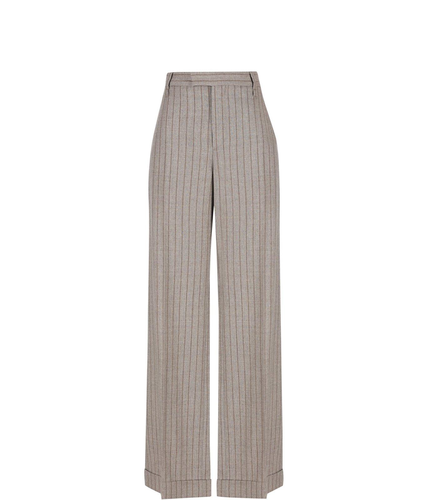 Shop Brunello Cucinelli Embellished Striped Loose Flared Trousers In Taupetabacco