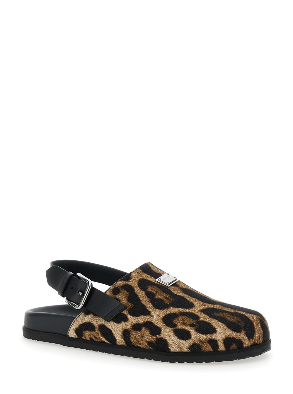 Dolce & Gabbana Brown Mules With Logo Plaque On The Front And Leopard Motif In Leather And Cotton Bl In Brown