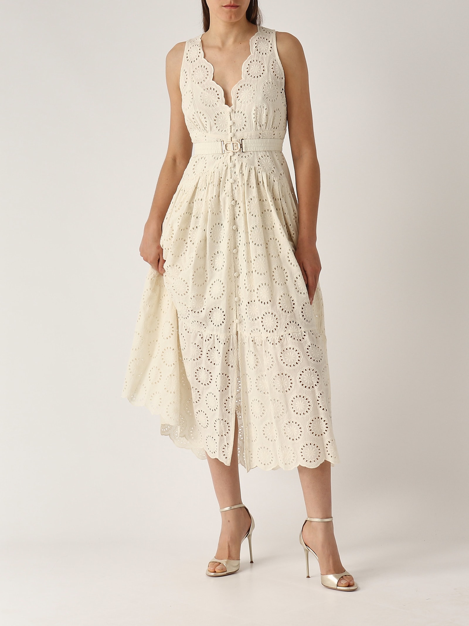 Twinset White Long Dress With V-neck And Waist Belt With Metallic Logo Plaque In Cotton Woman In Neutral
