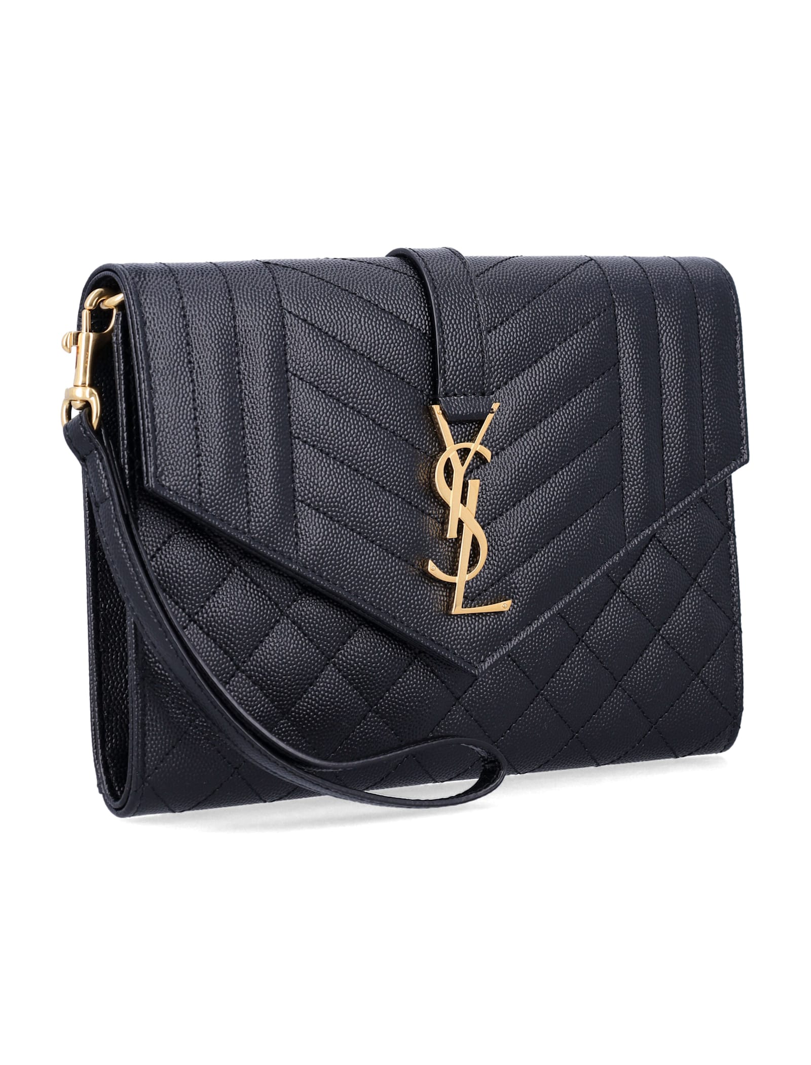 Saint Laurent Envelope Flap Pouch In Mix Matelassé Grain De Poudre Leather In Black