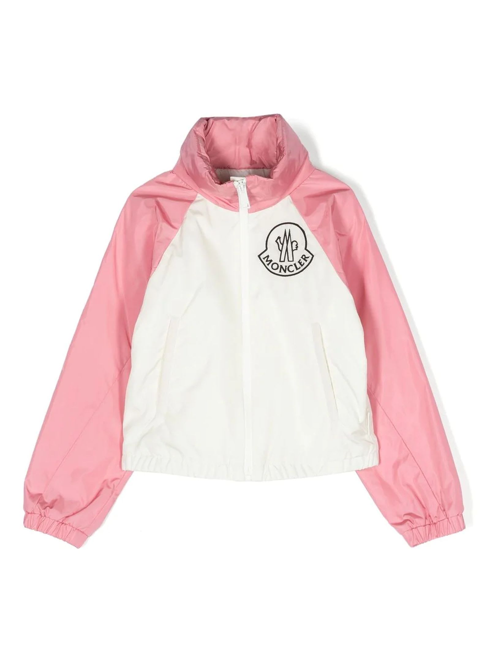 Moncler Kids' White Polyamide Jacket In Bianco+rosa