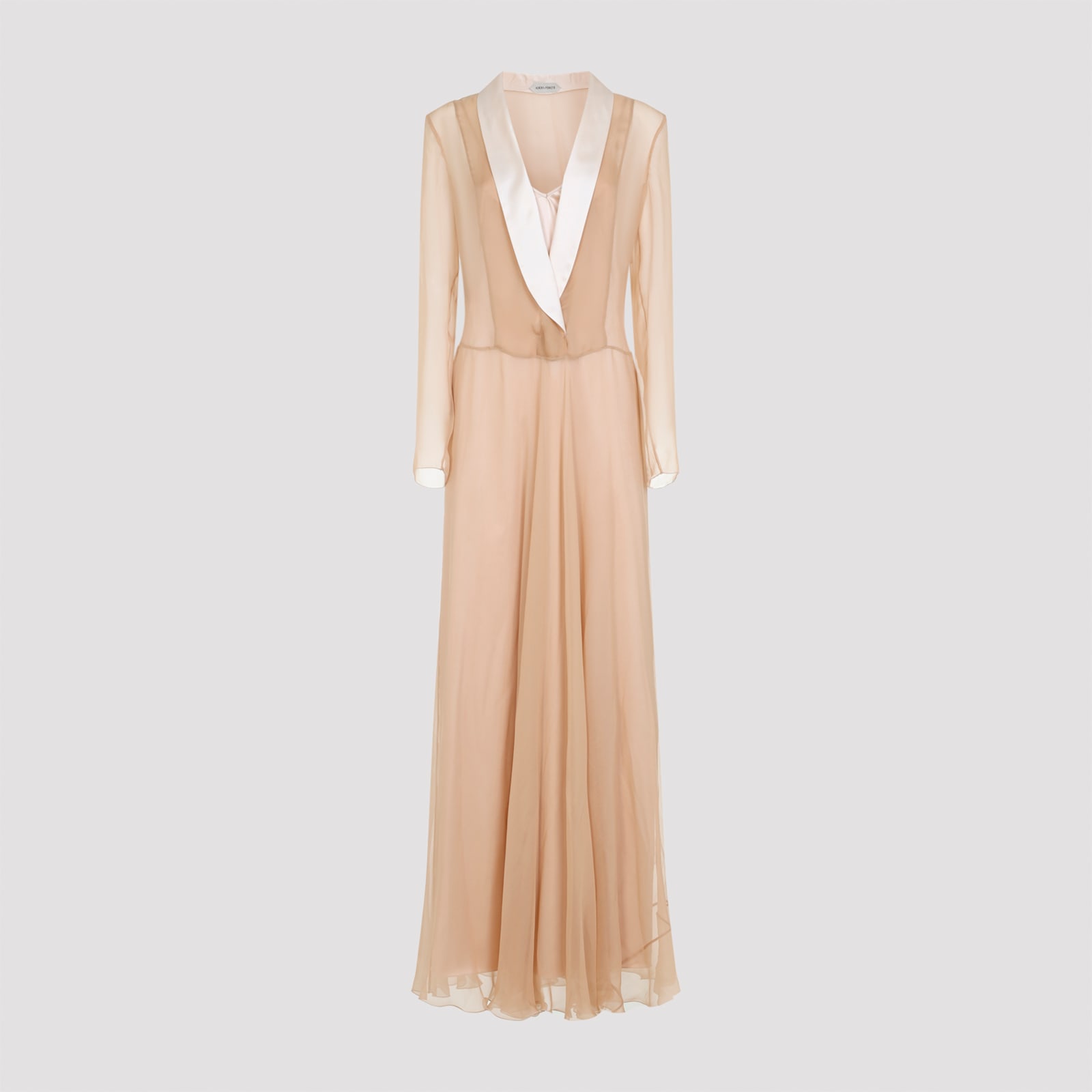Alberta Ferretti Sheer Long Dress With V-neckline And Sleeves In Brown