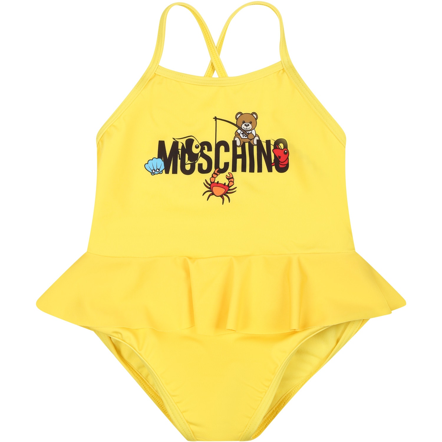 Shop Moschino Yellow Swimsuit For Baby Girl With Teddy Bear And Marine Animals