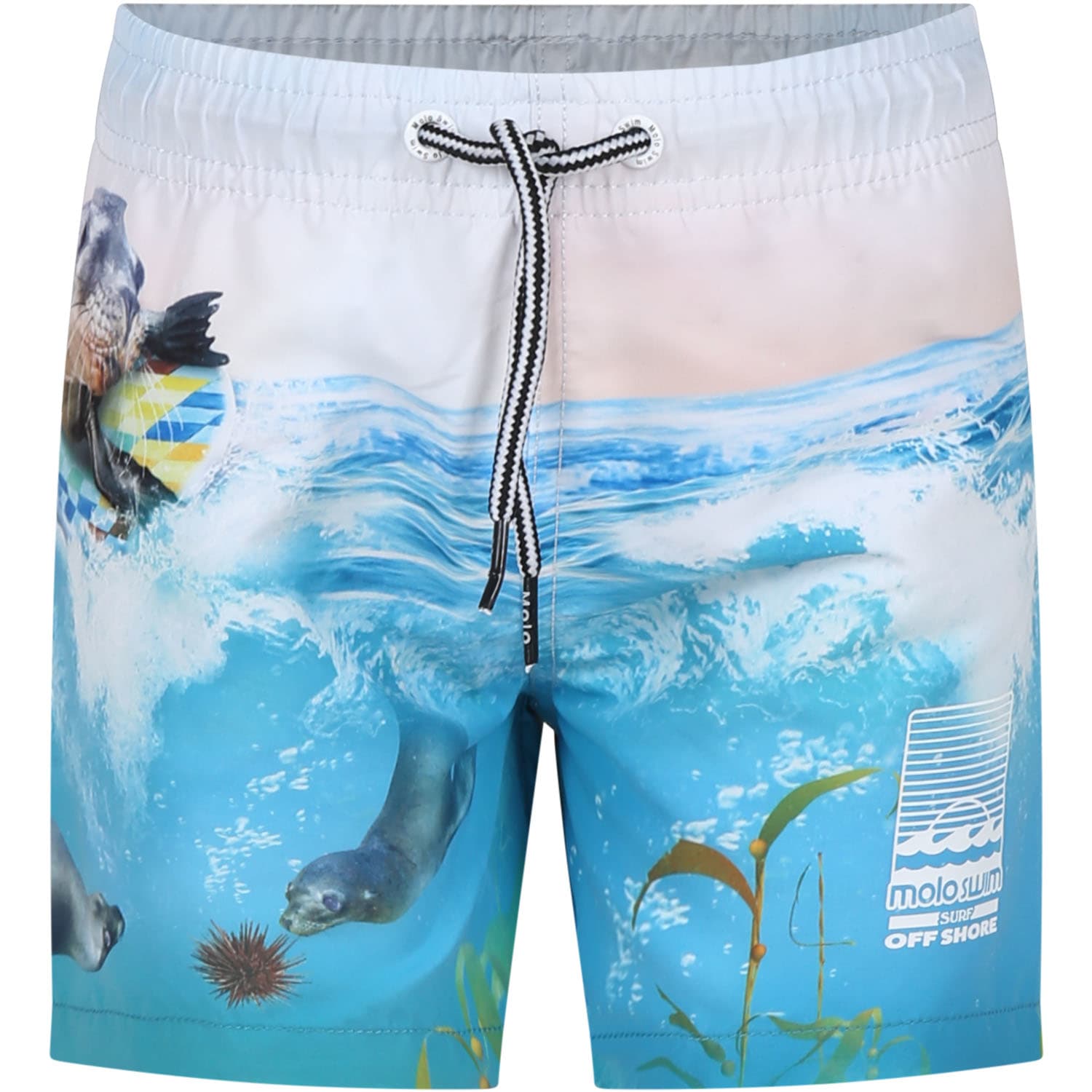 Molo Kids' Light Blue Swim Shorts For Boy With Seal Print In Multicolor