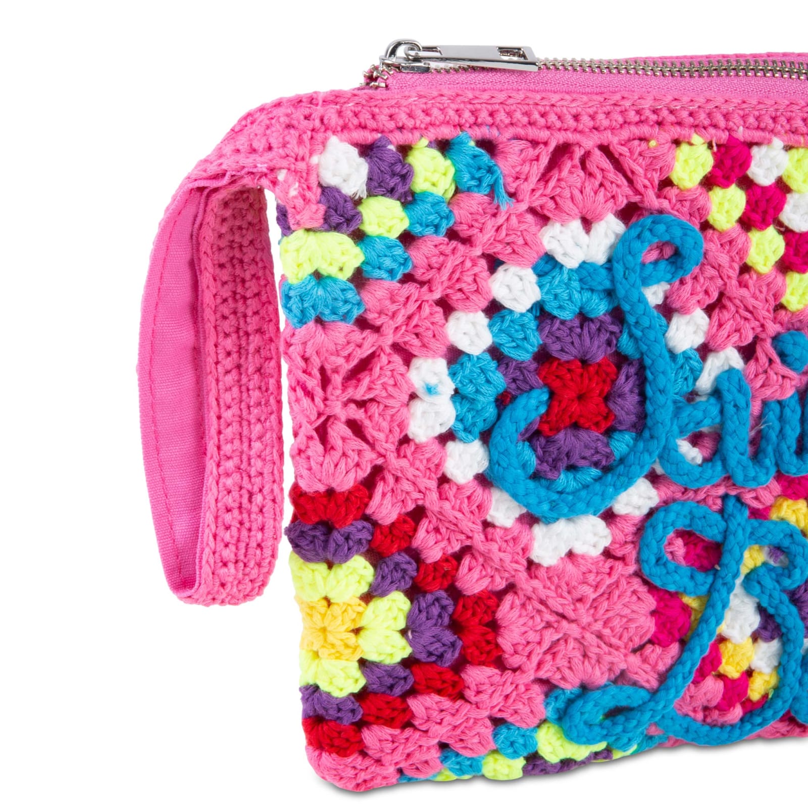 Shop Mc2 Saint Barth Parisienne Pink Crochet Pouch Bag With Saint Barth Embroidery