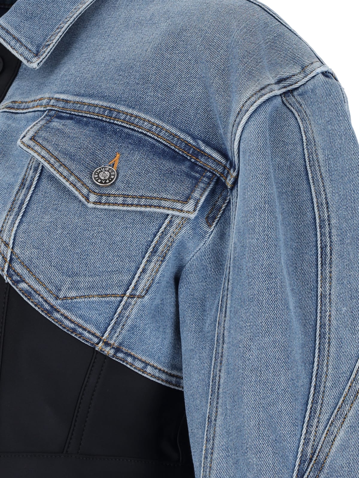 Shop Mugler Cropped Denim Jacket In Blue