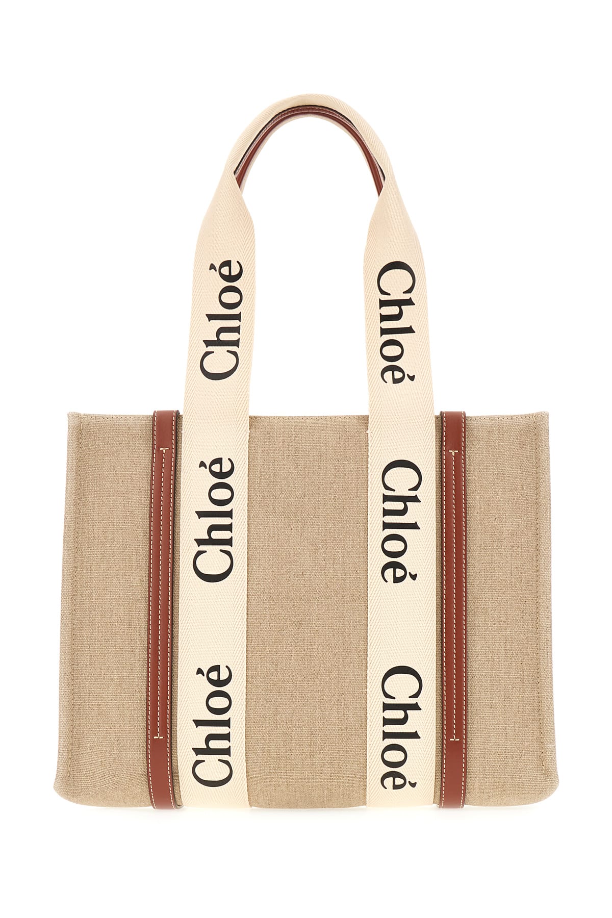 Chloé Cappuccino Linen Medium Woody Shopping Bag In 90u