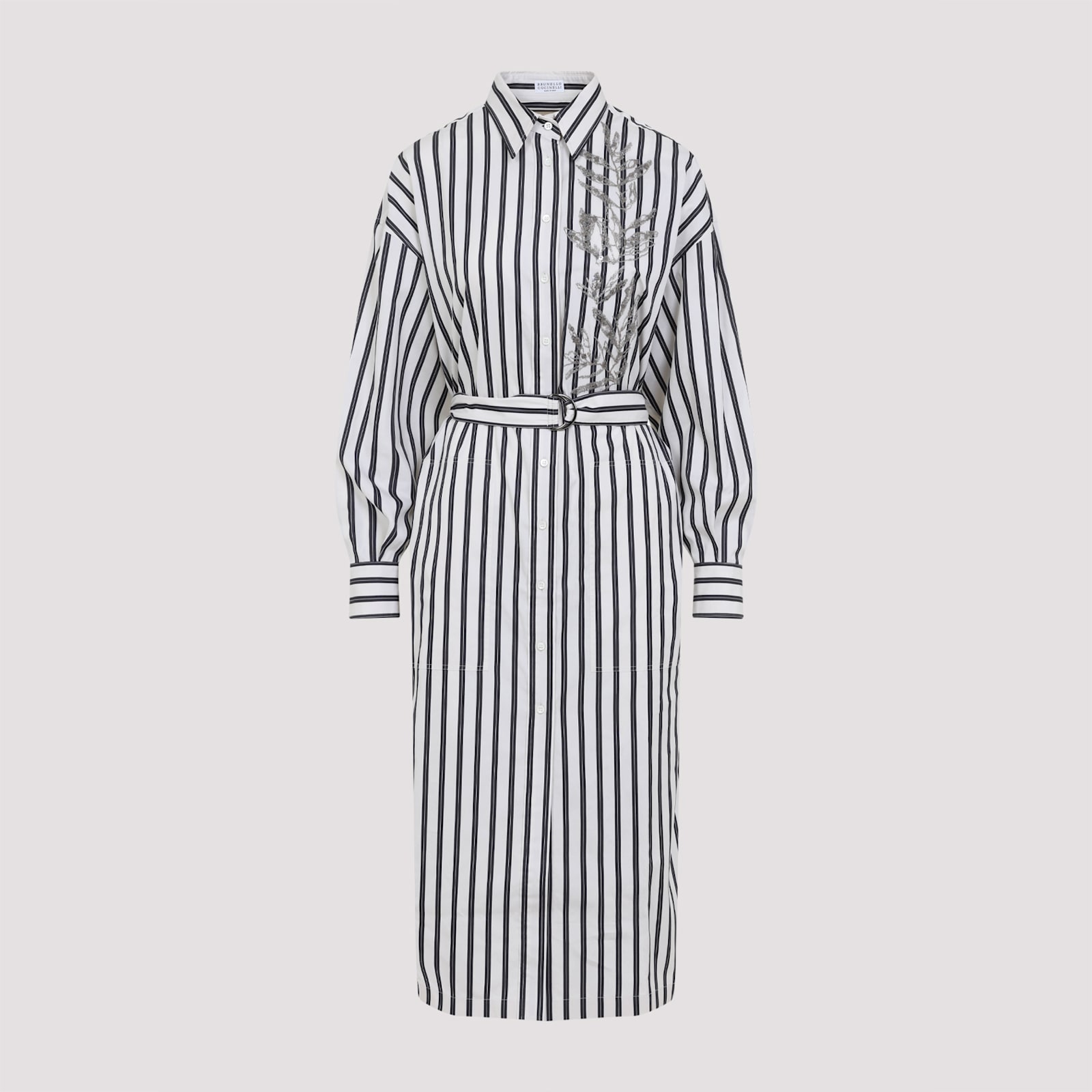 Brunello Cucinelli Striped Midi Shirt Dress With Floral Embroidery In White/black