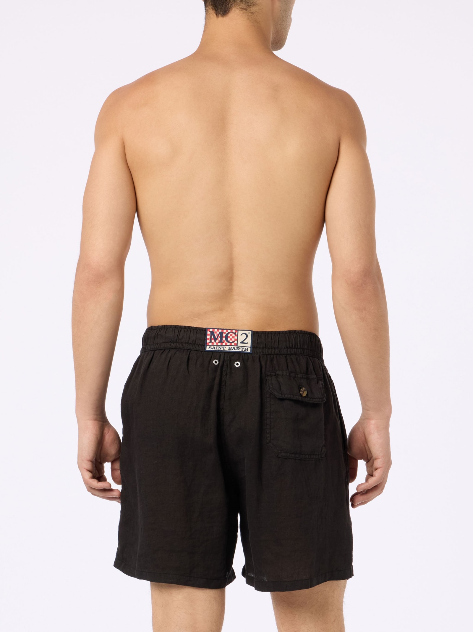 MC2 SAINT BARTH MAN MID-LENGTH BLACK LINEN SWIM-SHORTS GUSTAVIA